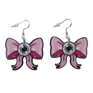 Creepy Cute Eye Ball Pink Bow Earrings‎ w/ hypoallergenic 925 Silver